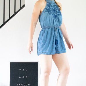 Denim Shorts One Piece Jumpsuit with Embroidery